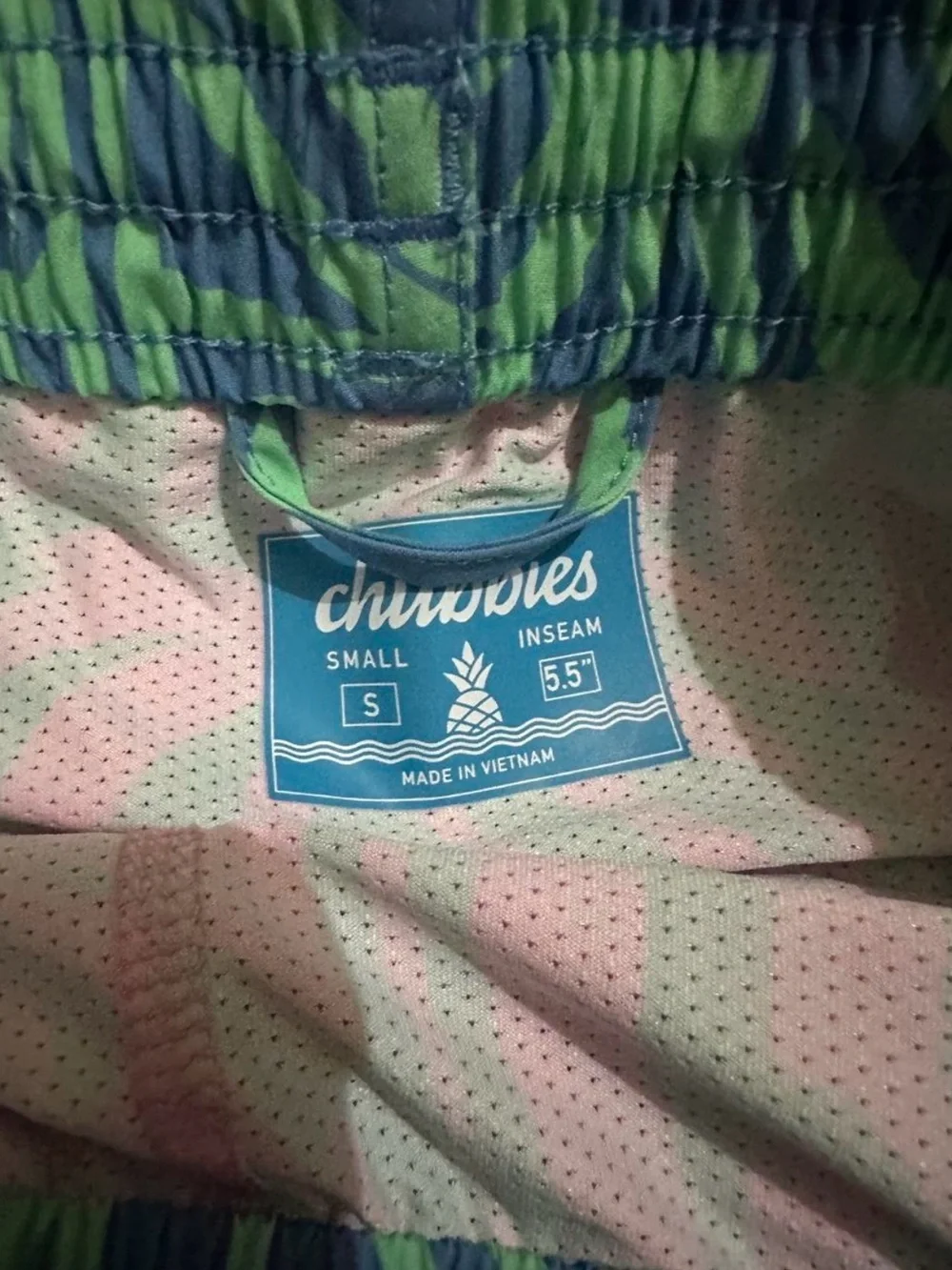 chubbies Blue Swim Trunks with Green Palm Print